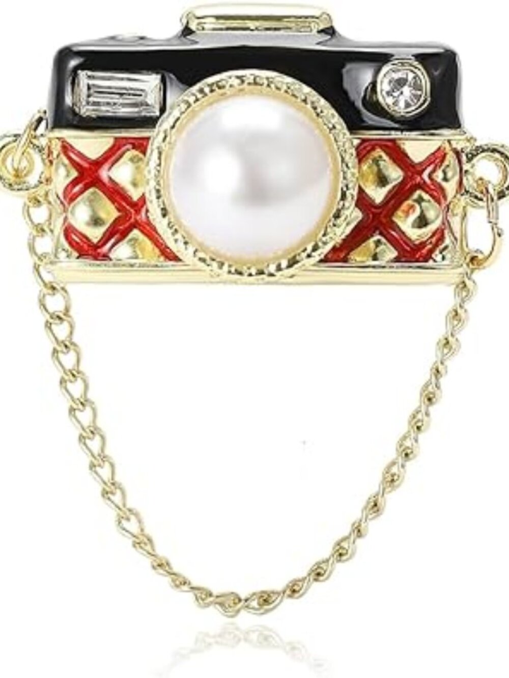 Camera Brooch Lapel Pin Gold Plated Chain Tassel Dangle with Pearl